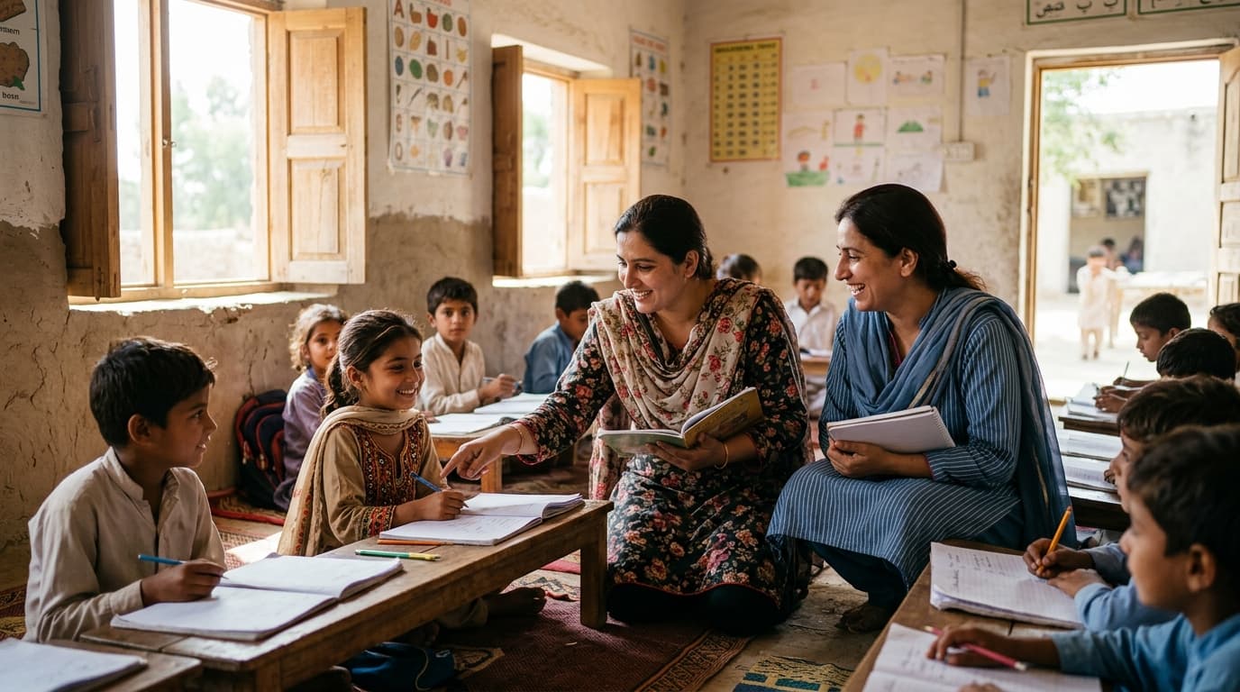 Pakistani educator and NGO coordinator in a community classroom in northern Pakistan