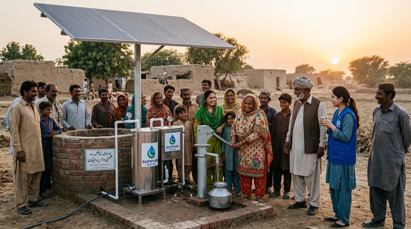 Community beneficiaries and welfare coordinators gathered around a completed water project in Pakistan