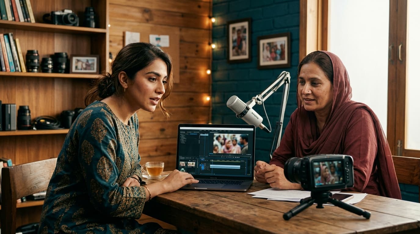 Pakistani digital storyteller and nonprofit director collaborating in a studio setting on an awareness campaign