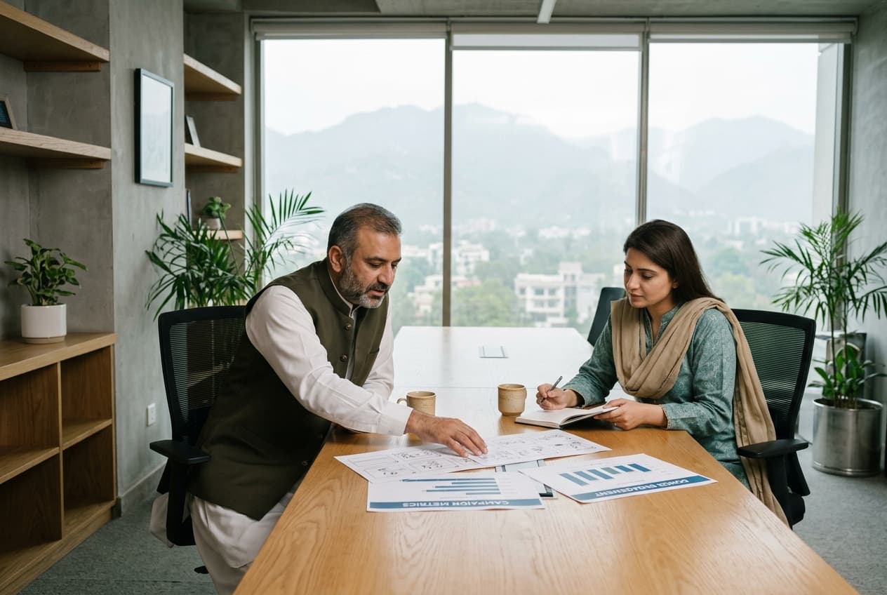 Nonprofit strategists reviewing fundraising campaigns at Horizons Consultancy headquarters in Islamabad